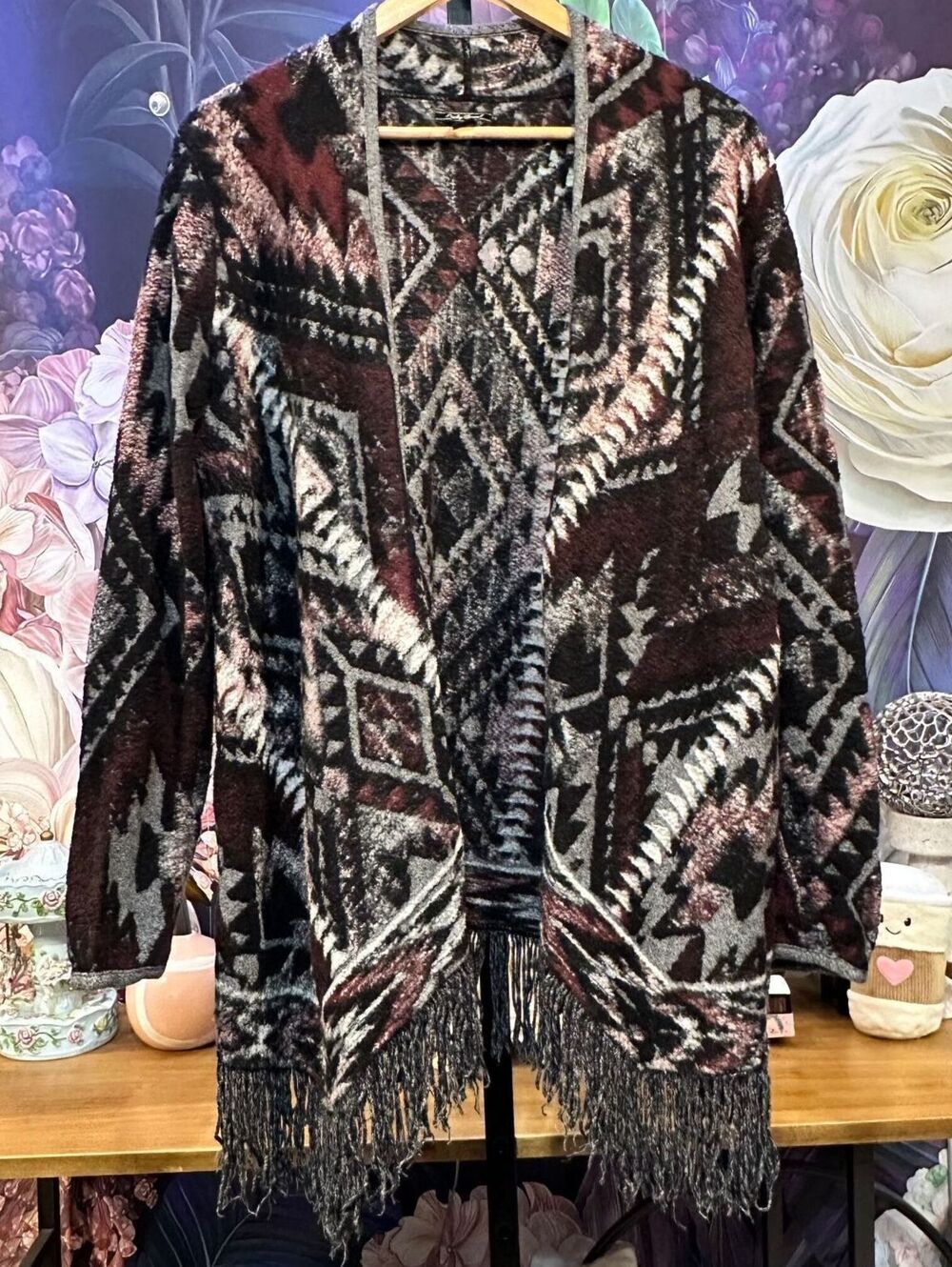 Lucky Brand L Southwestern Fringe Cardigan Boho Western Artsy Longline Geometric